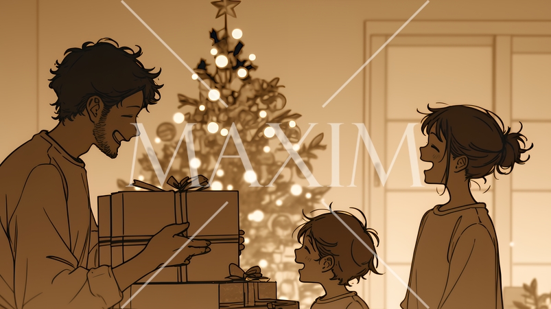 仲良し親子の楽しいクリスマス（シンプルな色使い）