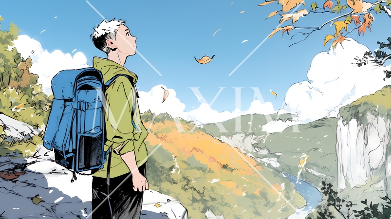 秋の野山をハイキングしている若い男性