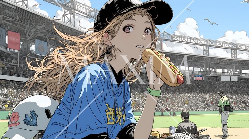 野球などの屋外スポーツを観戦しながら、ホットドッグを頬張る若い女性。