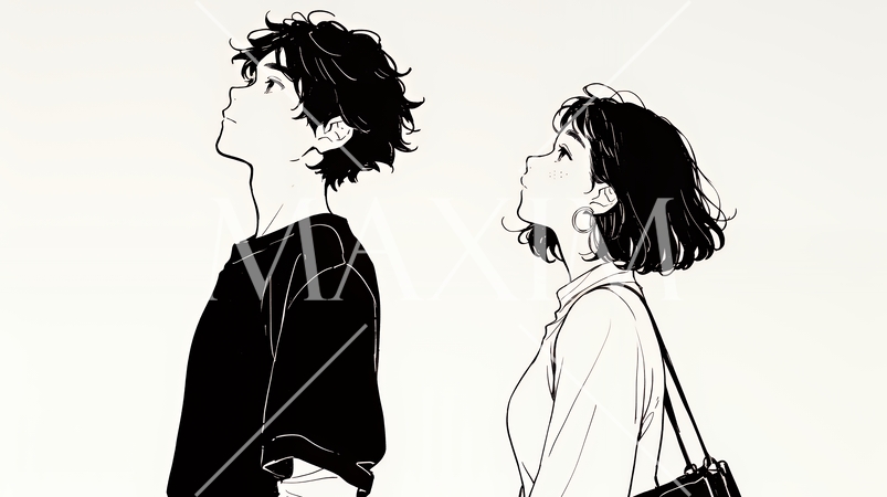 希望に満ちたライフスタイルを過ごす若いカップル：未来を見つめている（シンプルな色使い）