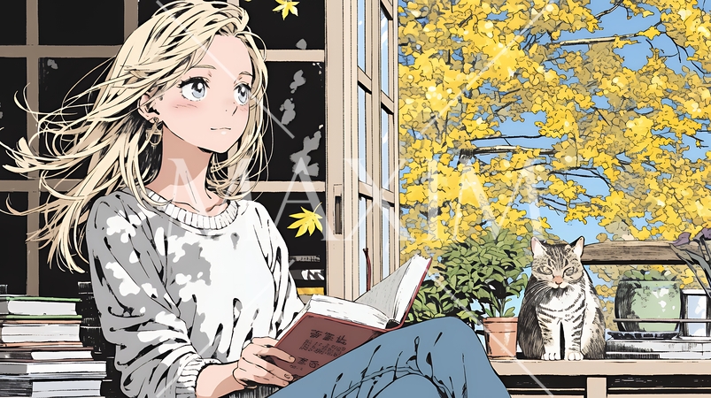 読書の秋：リビングルームで本を読んでいる若い女性