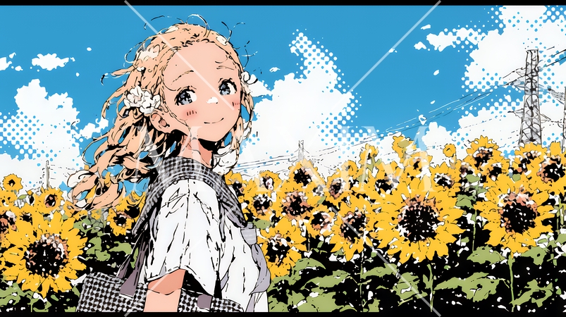 夏の晴天の日、ひまわりの畑を散策している若い女性