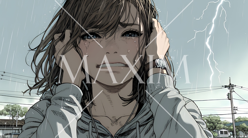 雷にひどく怯えている若い女性。