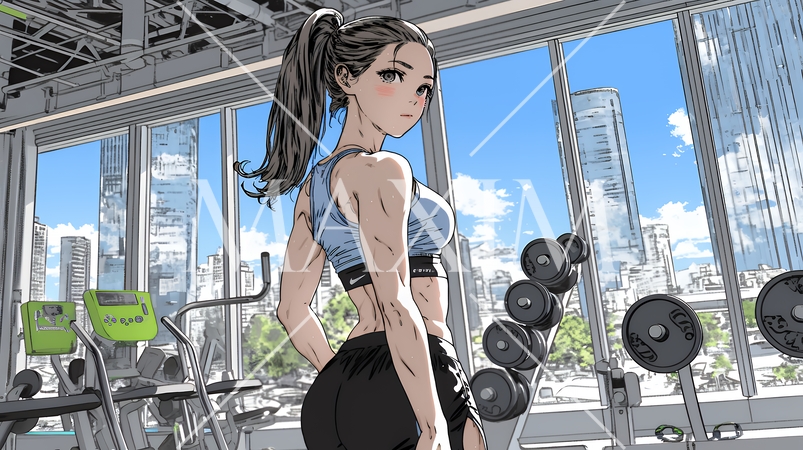 休日にジムで軽く運動する若い女性