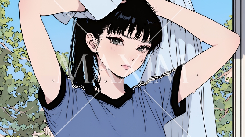 汗を拭っている若い女性