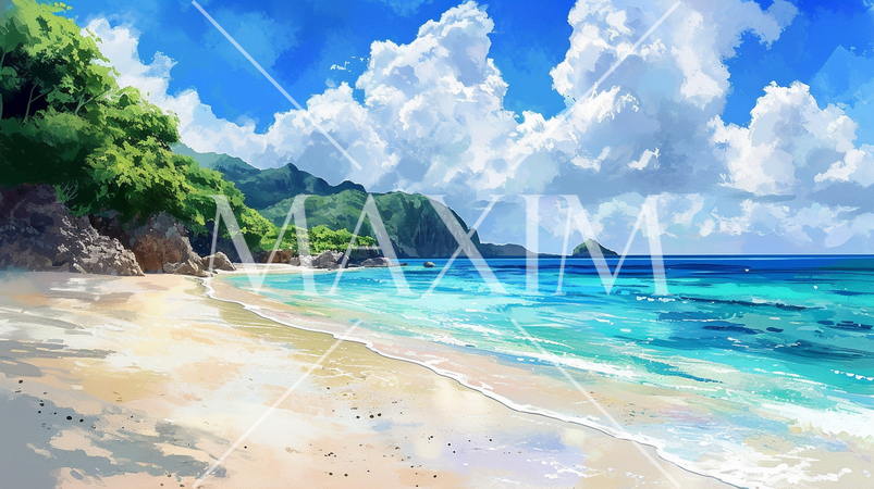 南国の島の浜辺と青い空のイラスト