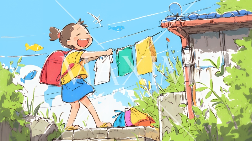 小学生の夏の思い出：選択のお手伝い（クレヨン＋水彩画風）