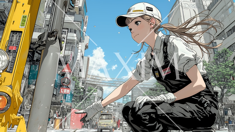 建設現場で重機を操作する若い女性