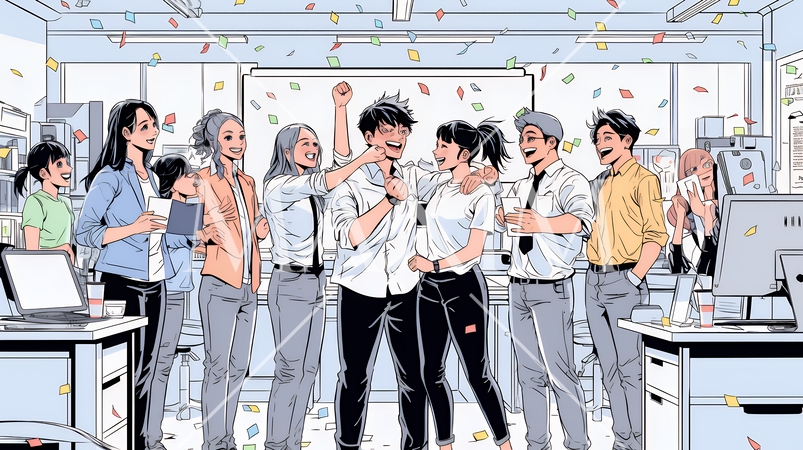 プロジェクト成功を喜ぶスタートアップチーム｜オフィスで大喜びするビジネスパーソン