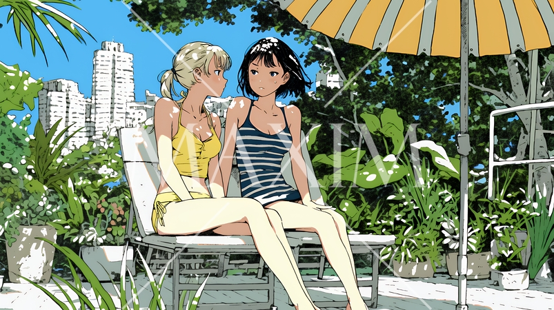 プールサイドのデッキチェアで談笑する女友達たち｜夏のリゾートで過ごすリラックスしたライフスタイルイメ