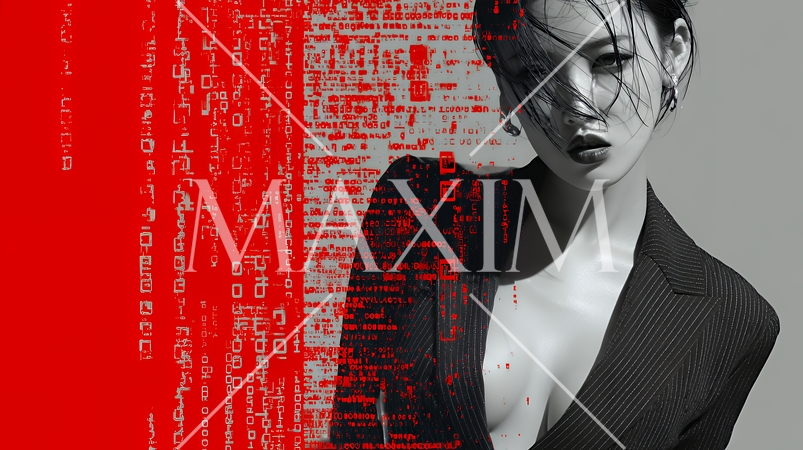 デジタルデータと日本人ビジネスウーマン｜AI・IT時代のテクノロジーイメージ（バイナリーコード）