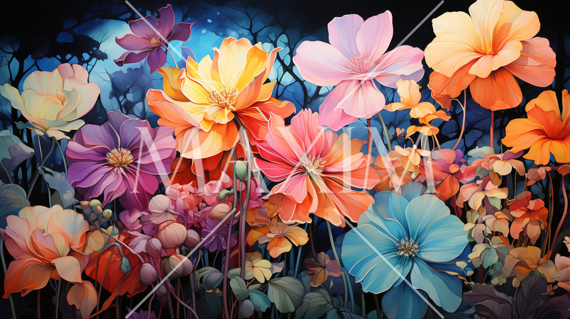 南国の花々が咲き乱れる庭：水彩画