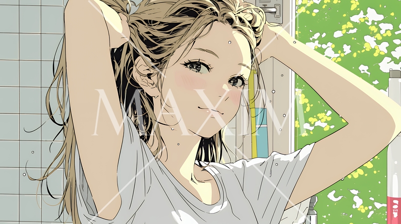 朝支度：洗面所で髪をまとめている若い女性