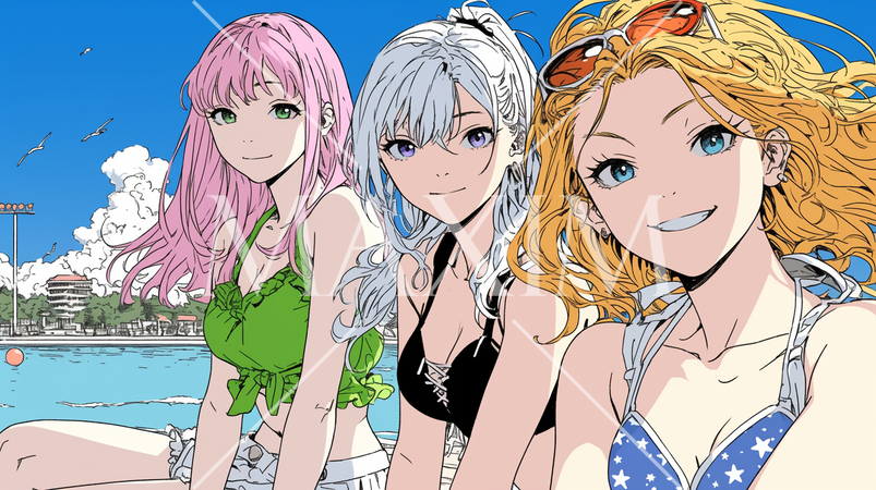 仲の良い友達同士で南国の海岸にビキニ姿でいる若い女性たち