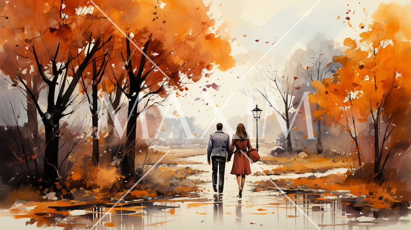 恋人達がいる秋の公園：木々が色づいている水彩画