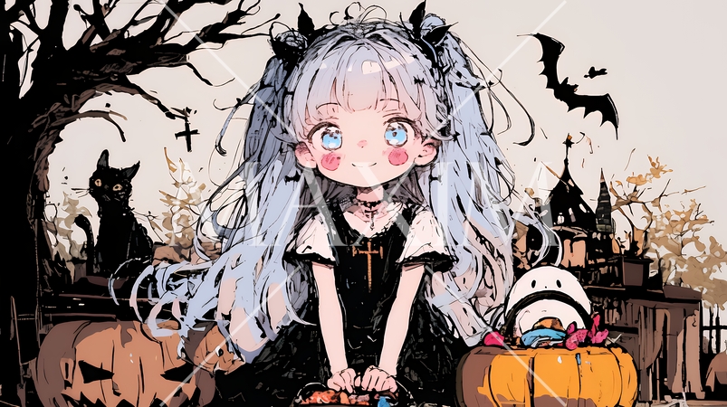 キモかわいいハロウィーンコスプレの女の子（クレヨンと水彩画風）