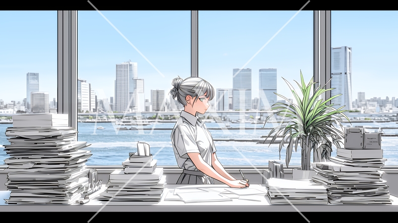 オフィスのデスクで、入念に書類をチェックする女性