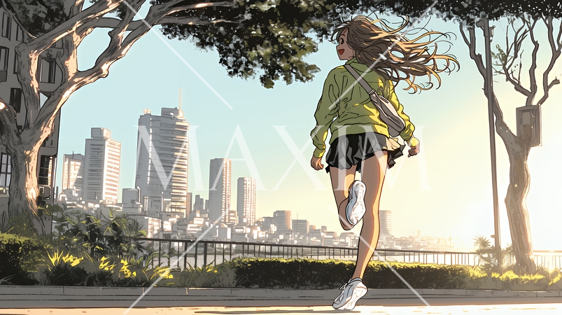 喜びにあふれ、軽やかにスキップする若い女性