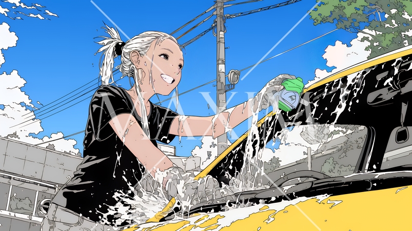 晴れた日に洗車をする若い女性｜青空と水しぶきの爽やかなライフスタイルシーン