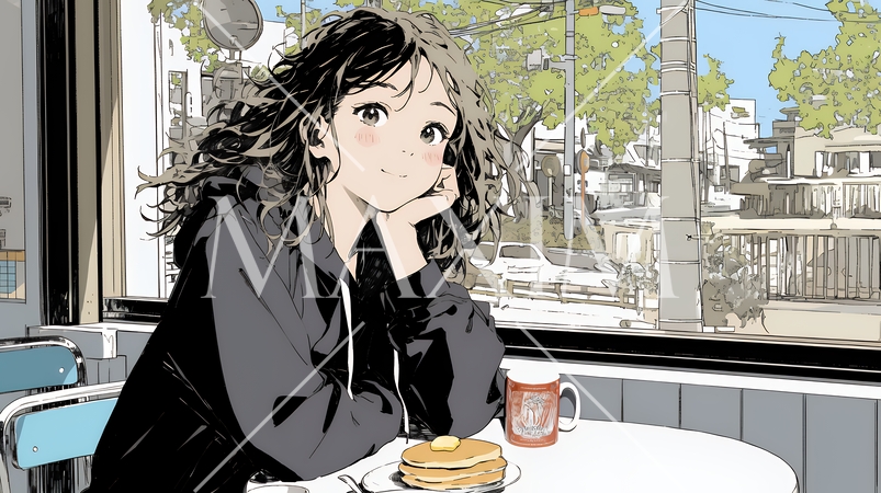 早朝のダイナー（喫茶店）でパンケーキ（モーニングセット）を食べる若い女性