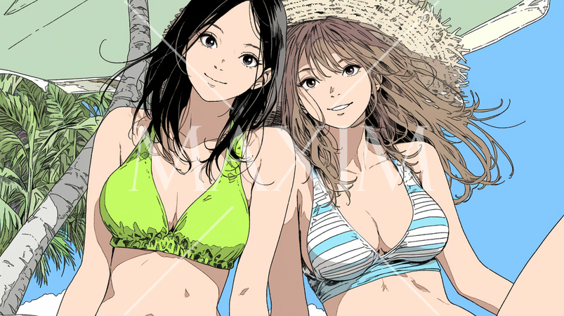 仲の良い友達同士で南国の海岸にビキニ姿でいる若い女性たち