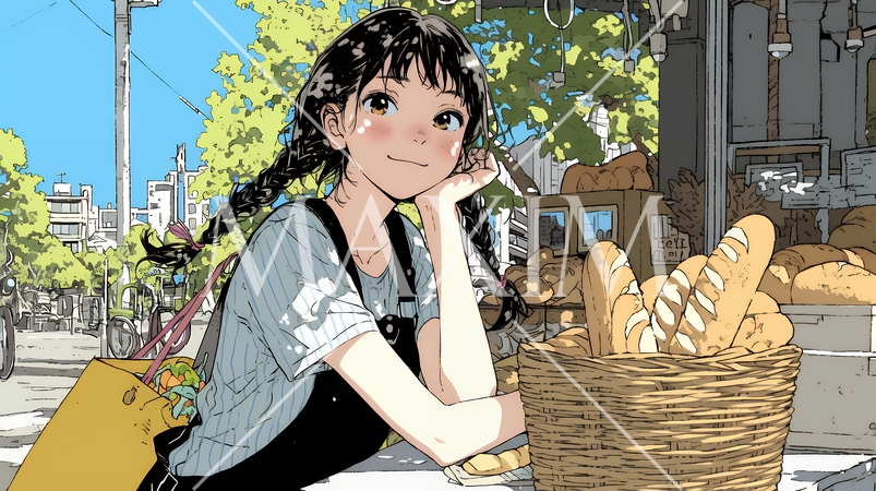 近所のパン屋で焼きたてパンを買う若い女性