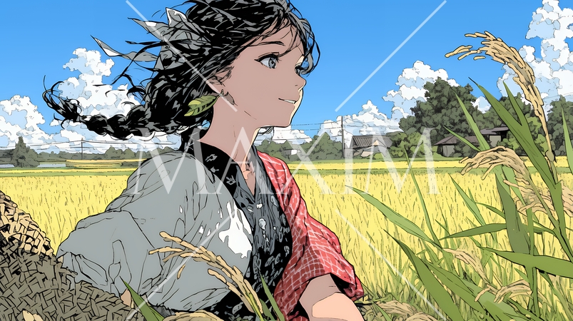 田んぼで農作業をしている女性