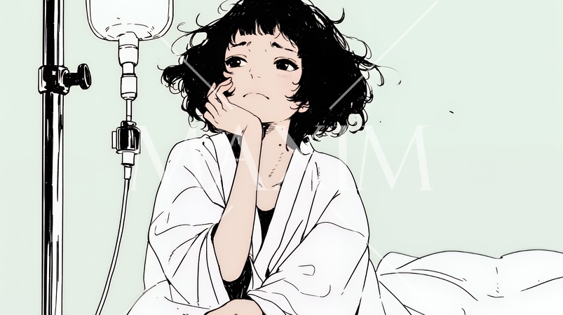 病院のベッドに腰掛けて気落ちしている女性（シンプルな色使い）