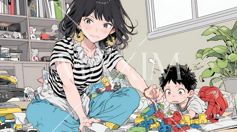 家の中で子どもと遊んでいる若い母親