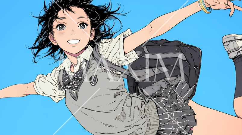 嬉しさのあまり飛び跳ねる制服姿の女子高生