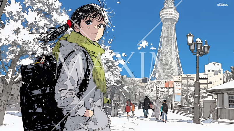 雪の積もる冬の都会を散策している若生女性