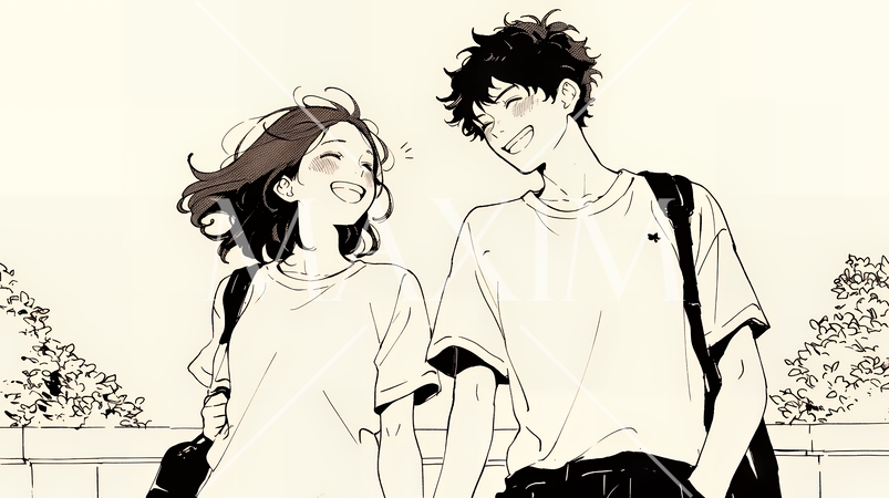 幸せそうなカップル：散歩中（シンプルな色使い）