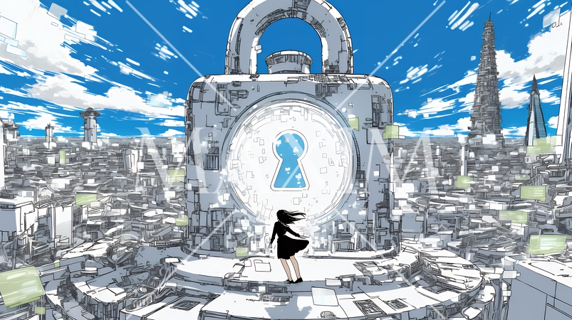 プライバシー・ポリシーやセキュリティー・ポリシーを表す堅牢な門と門番のイメージ