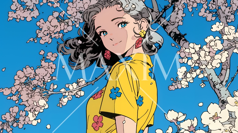 満開の桜の木の下を歩く若い女性