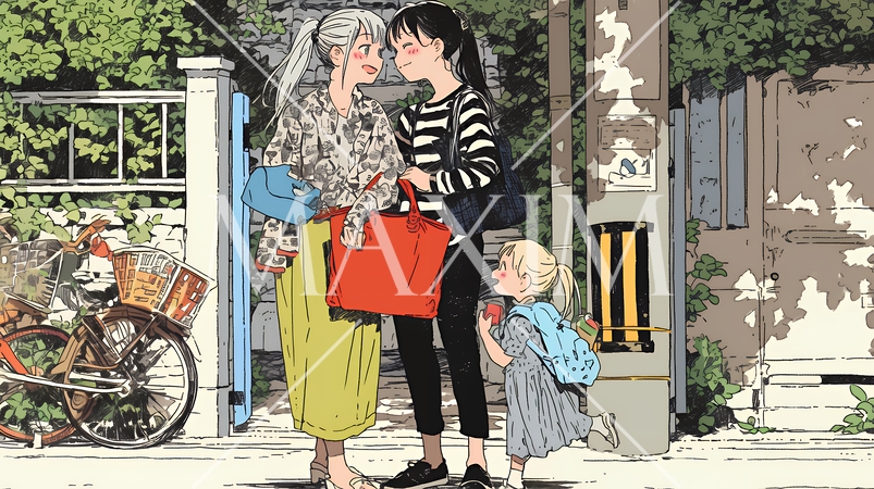 道端で会話を楽しむ若い主婦たち（ママ友たち）