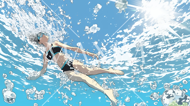 海で泳いでいる若い女性