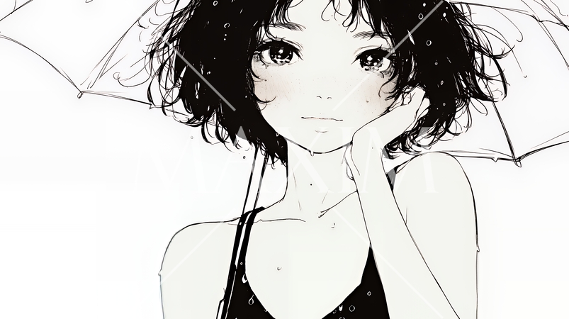 雨の中を歩く女性（シンプルな色使い）