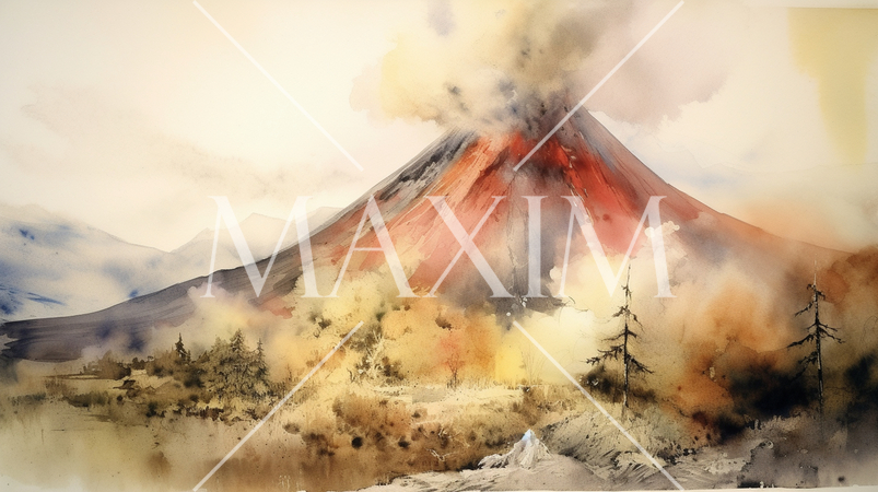 火山噴火：活火山が噴火している様子の水彩画