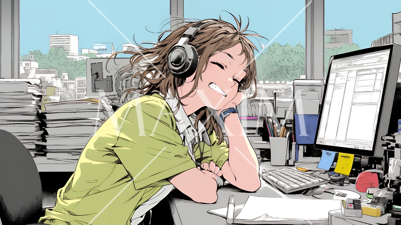 仕事中にあくびをしている若い女性