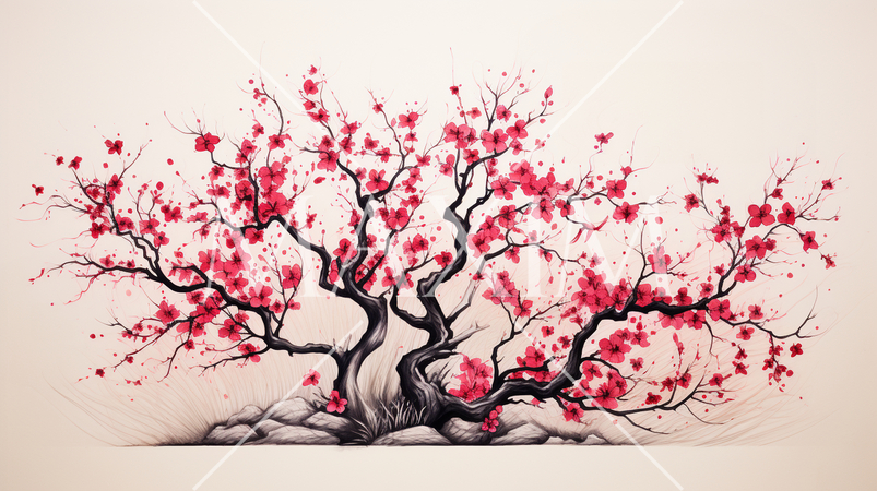 満開の紅梅の木