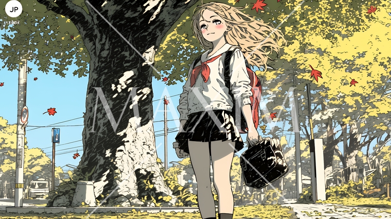 紅葉の小径を歩く若い女性