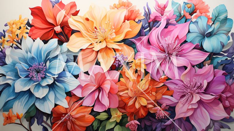 南国の花々が咲き乱れる庭：水彩画