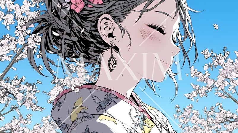 満開の桜の木の下を歩く若い女性