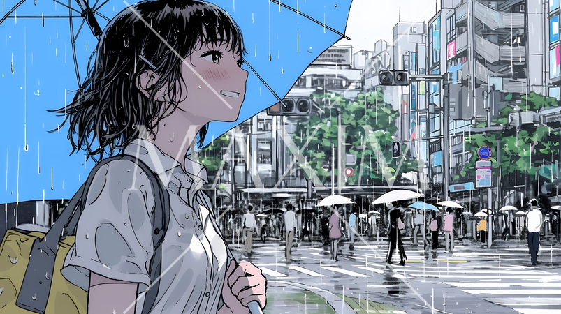 雨の日に傘をさして歩く若い女性