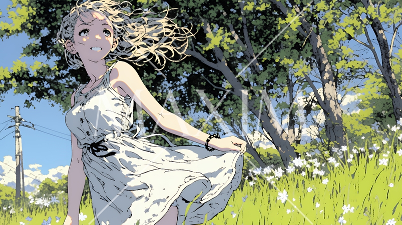 スカートを揺らしながら春風と戯れている若い女性