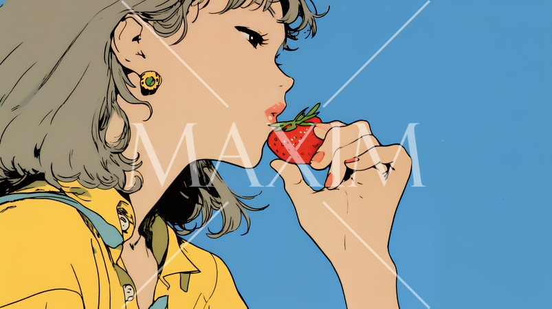 イチゴを摘んで食べている若い女性