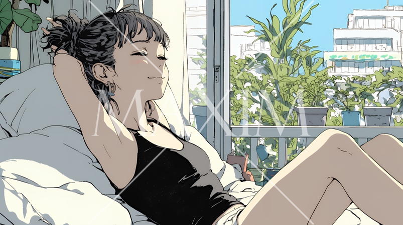 のんびり・ゆったり：朝日を浴びベッドで寛いでいる若い女性