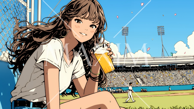 野球などの屋外スポーツを観戦しながら、ビールを楽しむ若い女性。