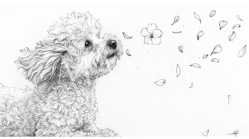 桜の花びらと戯れているトイプードル