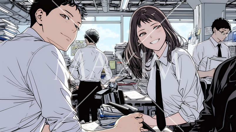 オフィスで立ったまま簡単な打合せをしているビジネスパーソン